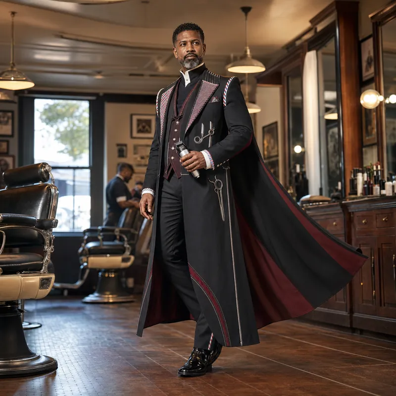 Couture master barber standing in an elegant traditional barbershop