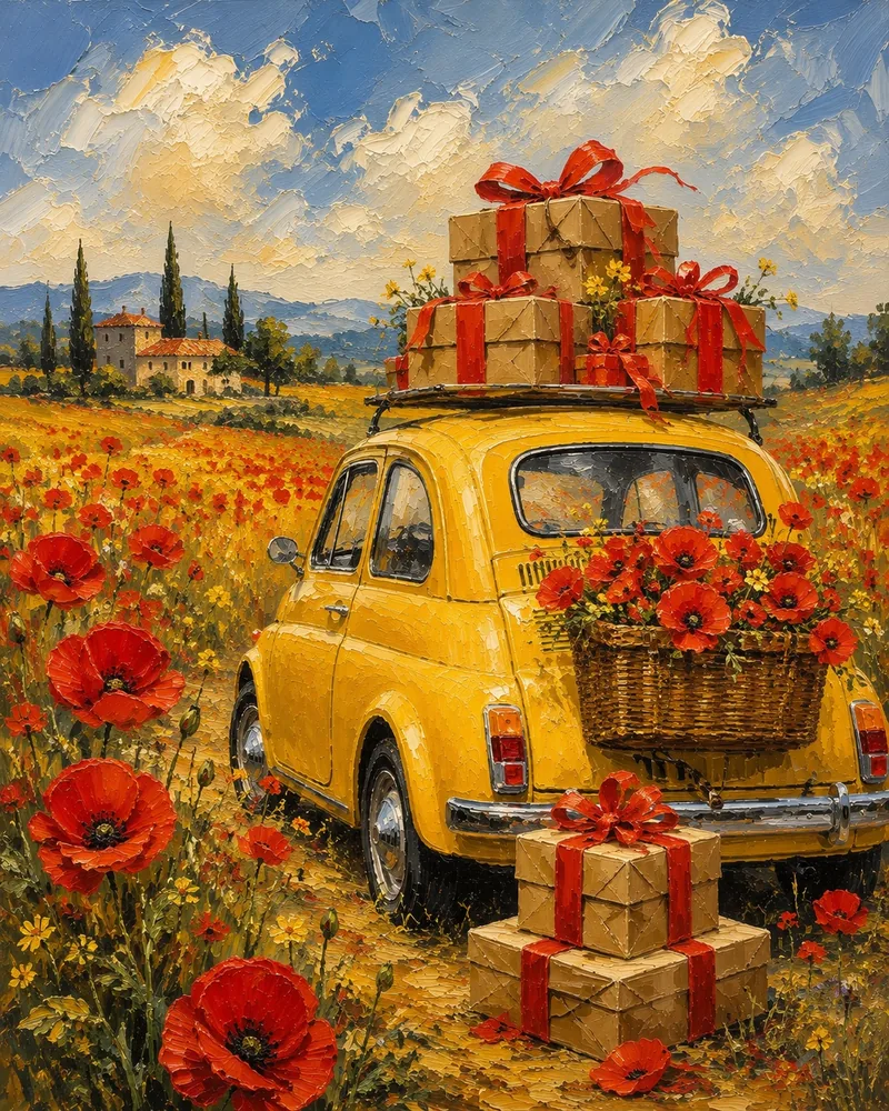 Yellow vintage car carrying wrapped gifts through a poppy field