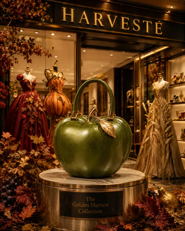 Sculptural green apple handbag displayed in an autumn couture gallery